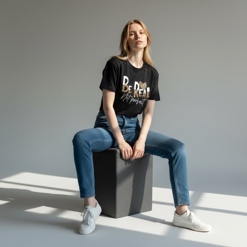 ✨ Be Real Not Perfect Graphic Tee – Leopard Print Heart ✨